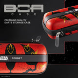 Angled close-up of Star Wars Darth Maul BOA darts case, showing bold red design, zipper details, and premium storage features