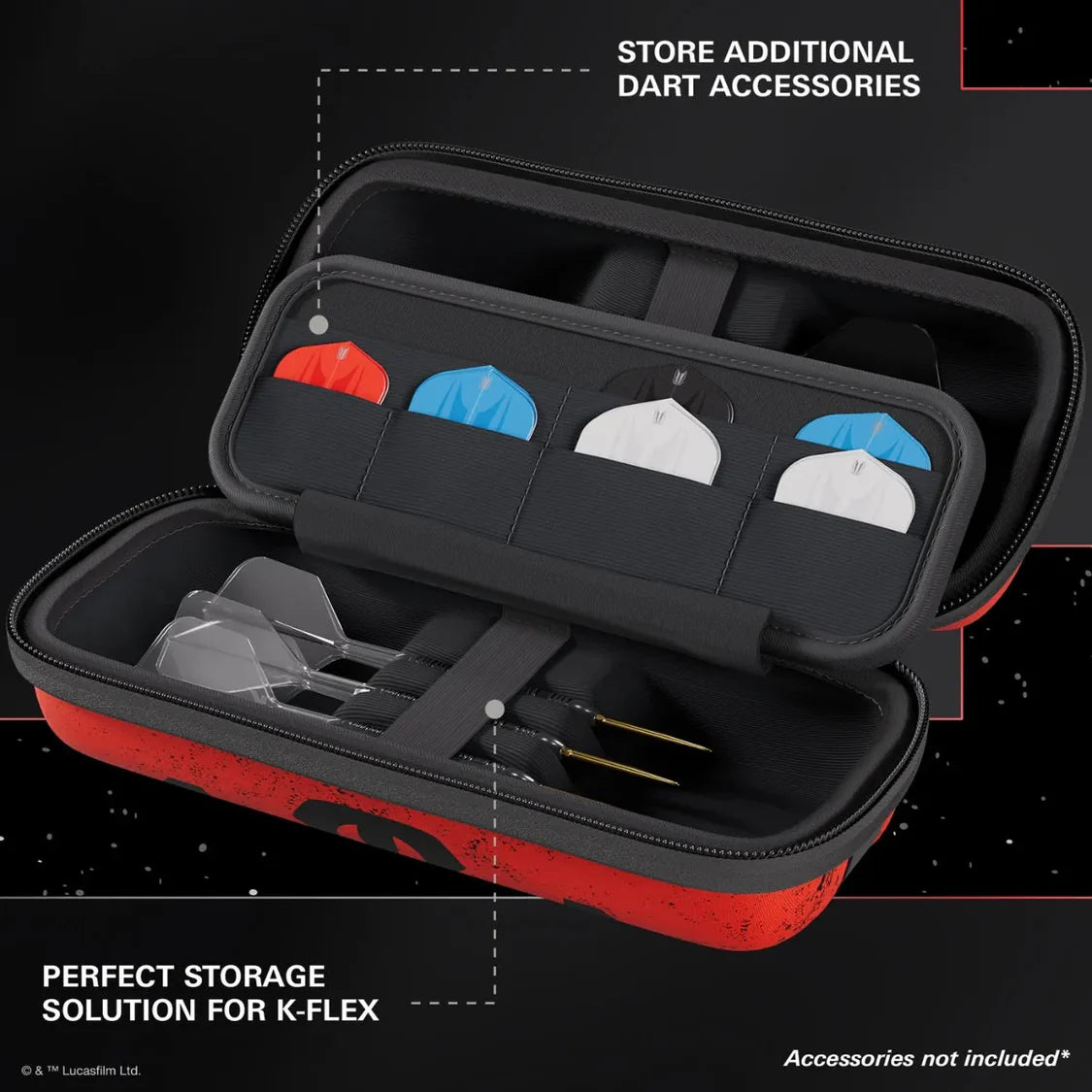 Angled view of open Darth Maul darts case showing dart storage compartments, with visible flights and darts organized inside