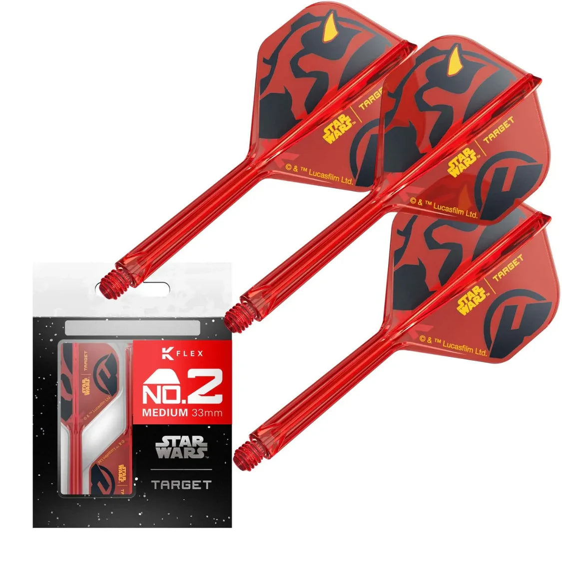 Three red Darth Maul K-Flex No.2 dart flights with shafts, shown arranged next to retail packaging, Star Wars graphics for dart setup