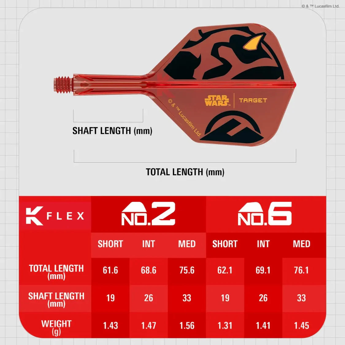 Side view of Darth Maul K-Flex No.2 dart shaft and flight with measurement chart for lengths and weights, Star Wars themed dart accessory