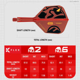 Side view of Darth Maul K-Flex No.2 dart shaft and flight with measurement chart for lengths and weights, Star Wars themed dart accessory