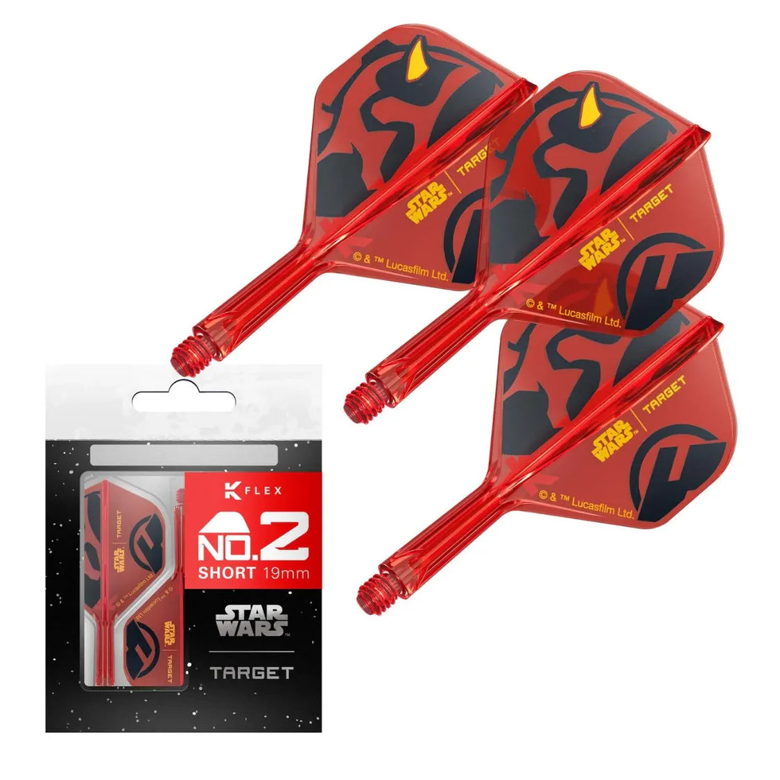 Three red K-Flex 19mm dart shafts with Star Wars Darth Maul flights shown assembled, alongside retail packaging, angled product view
