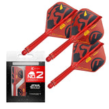 Three red Darth Maul K-Flex dart flights and shafts with black graphics and packaging, full product view for darts setup
