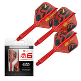 Three red Darth Maul No.6 K-Flex dart flights and stems angled on white, with retail packaging for Star Wars dart accessories.