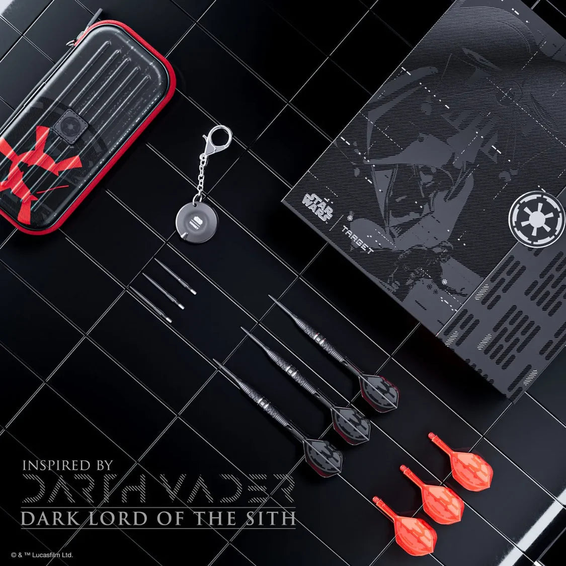 Top-down view of Darth Vader 95% tungsten darts set with three assembled darts, spare shafts, red flights, case, and themed packaging