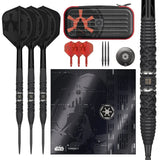 Top-down view Star Wars Darth Vader 95% tungsten darts set with case, extra flights, barrel grip detail, and soft tips displayed.