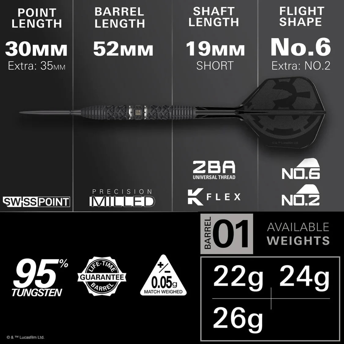 Side profile of 95% tungsten dart showing barrel grip, Darth Vader flight, labeled dimensions and weights, ideal for steel tip dart players