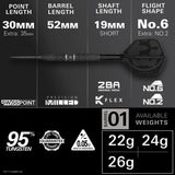 Side profile of 95% tungsten dart showing barrel grip, Darth Vader flight, labeled dimensions and weights, ideal for steel tip dart players