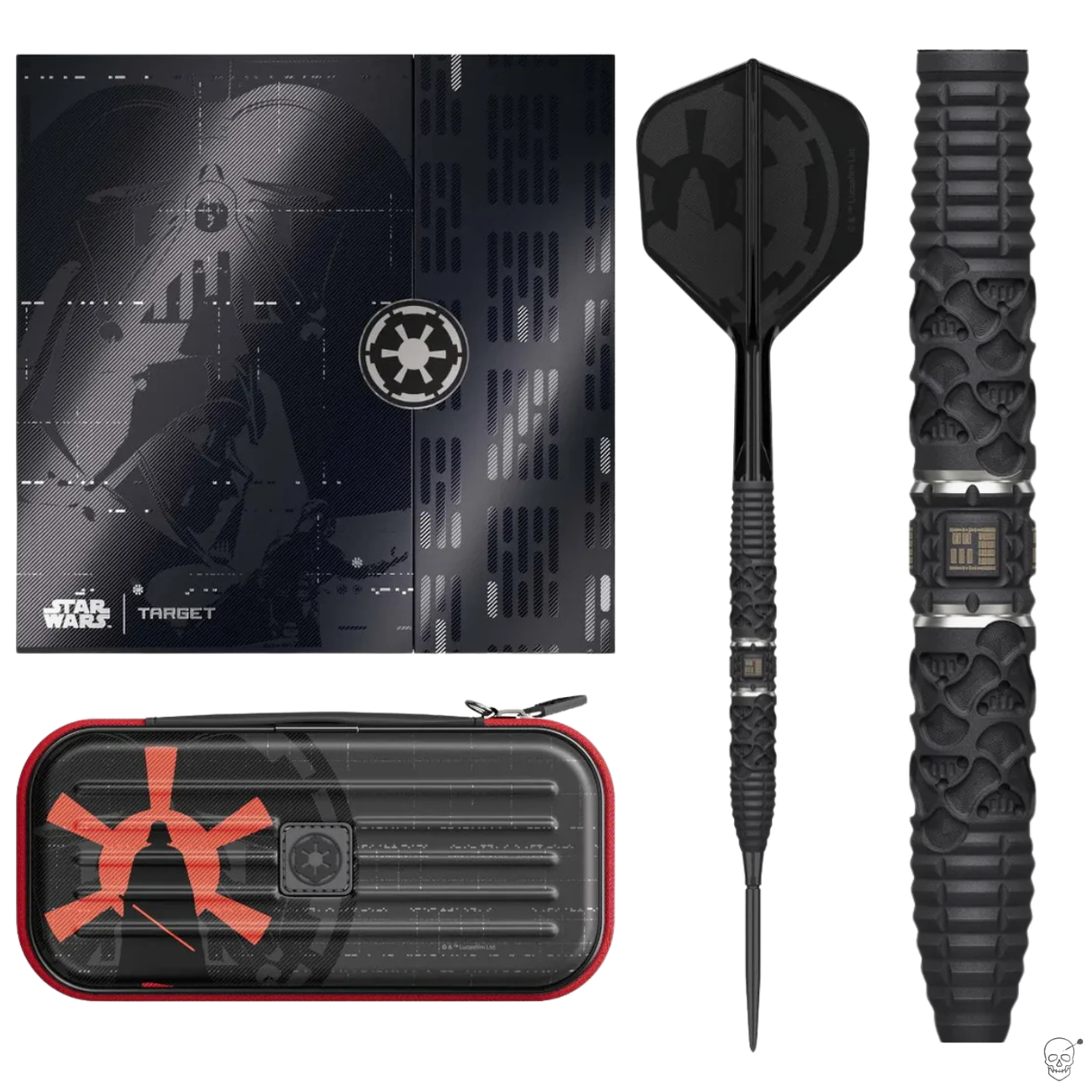 Star Wars Darth Vader tungsten dart full view, textured barrel close-up, collector case, and themed packaging on white background