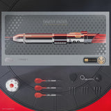 Top-down view of Darth Vader lightsaber tungsten darts set in collector box with three assembled darts, red flights, spare tips, and accessories.