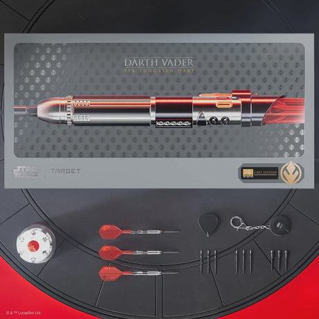 Top-down view of Darth Vader lightsaber tungsten darts set in collector box with three assembled darts, red flights, spare tips, and accessories.