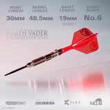 Angled full view of limited edition Darth Vader tungsten dart with red No.6 flights, barrel grip detail, and size specs on white background