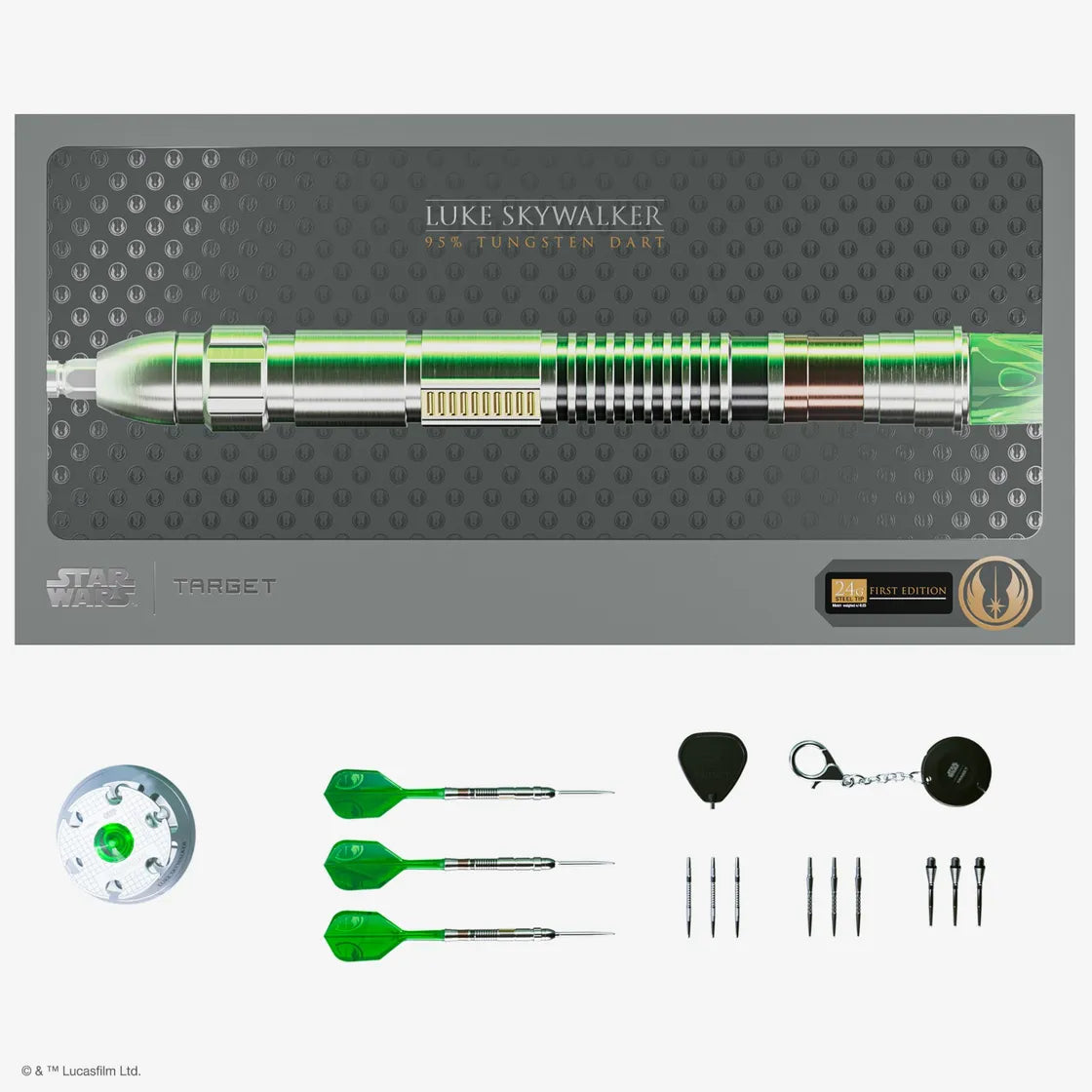 Top-down view of Luke Skywalker lightsaber tungsten darts set in display box with green flights, spare tips, and accessories laid out