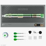 Top-down view of Luke Skywalker lightsaber tungsten darts set in display box with green flights, spare tips, and accessories laid out