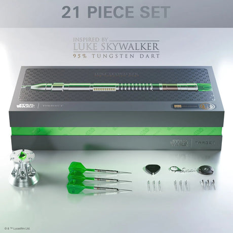 Limited edition Luke Skywalker tungsten darts set in box, with three steel tip darts, green flights, case, accessories and display stand