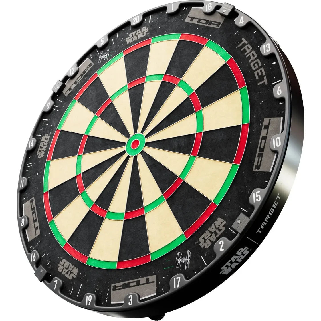 Angled dartboard view showing Star Wars branding, bold numbering, and segmented scoring zones for darts players