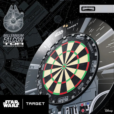 Angled view Star Wars dartboard with Millennium Falcon surround, detailed scoring zones, and sci-fi themed background design