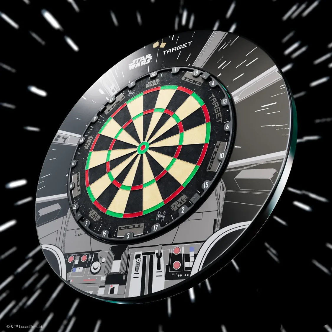 Angled view dartboard with custom Millennium Falcon surround, starburst space background, collectible darts equipment display