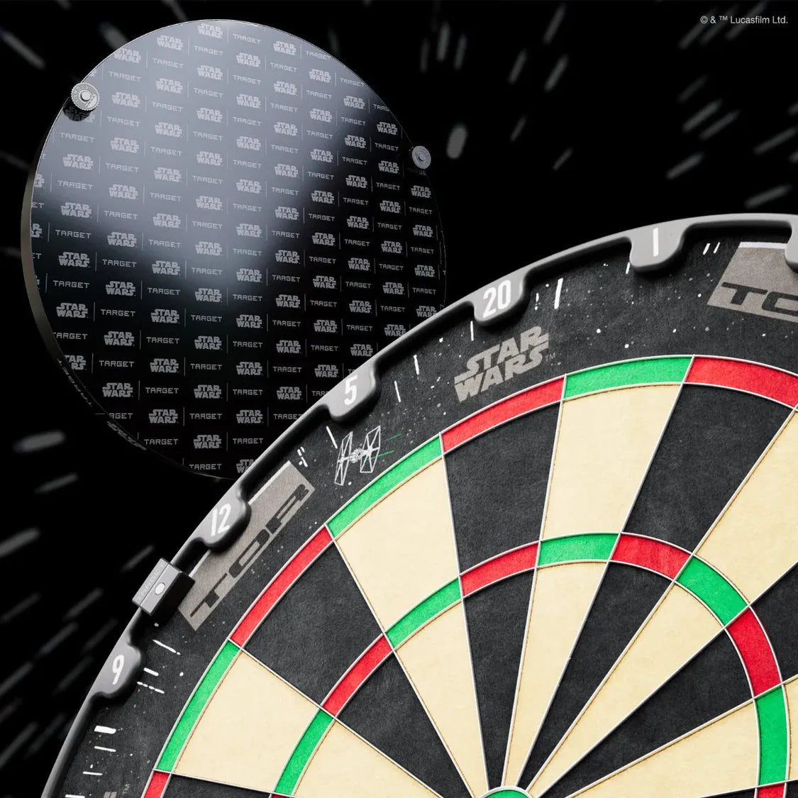 Angled close-up of Star Wars dartboard and branded surround, featuring detailed number ring and sci-fi themed graphics for darts setup