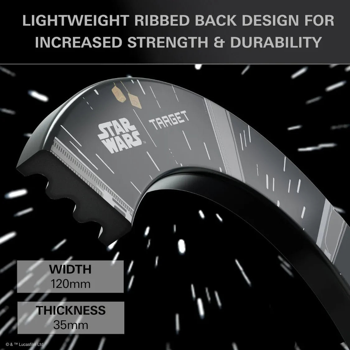 Close-up angled shot of Millennium Falcon dartboard surround showing ribbed back, Star Wars graphics, width 120mm, thickness 35mm
