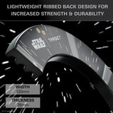 Close-up angled shot of Millennium Falcon dartboard surround showing ribbed back, Star Wars graphics, width 120mm, thickness 35mm