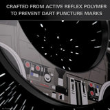 Close-up of Millennium Falcon dartboard surround with detailed cockpit graphics and durable polymer surface to prevent dart punctures