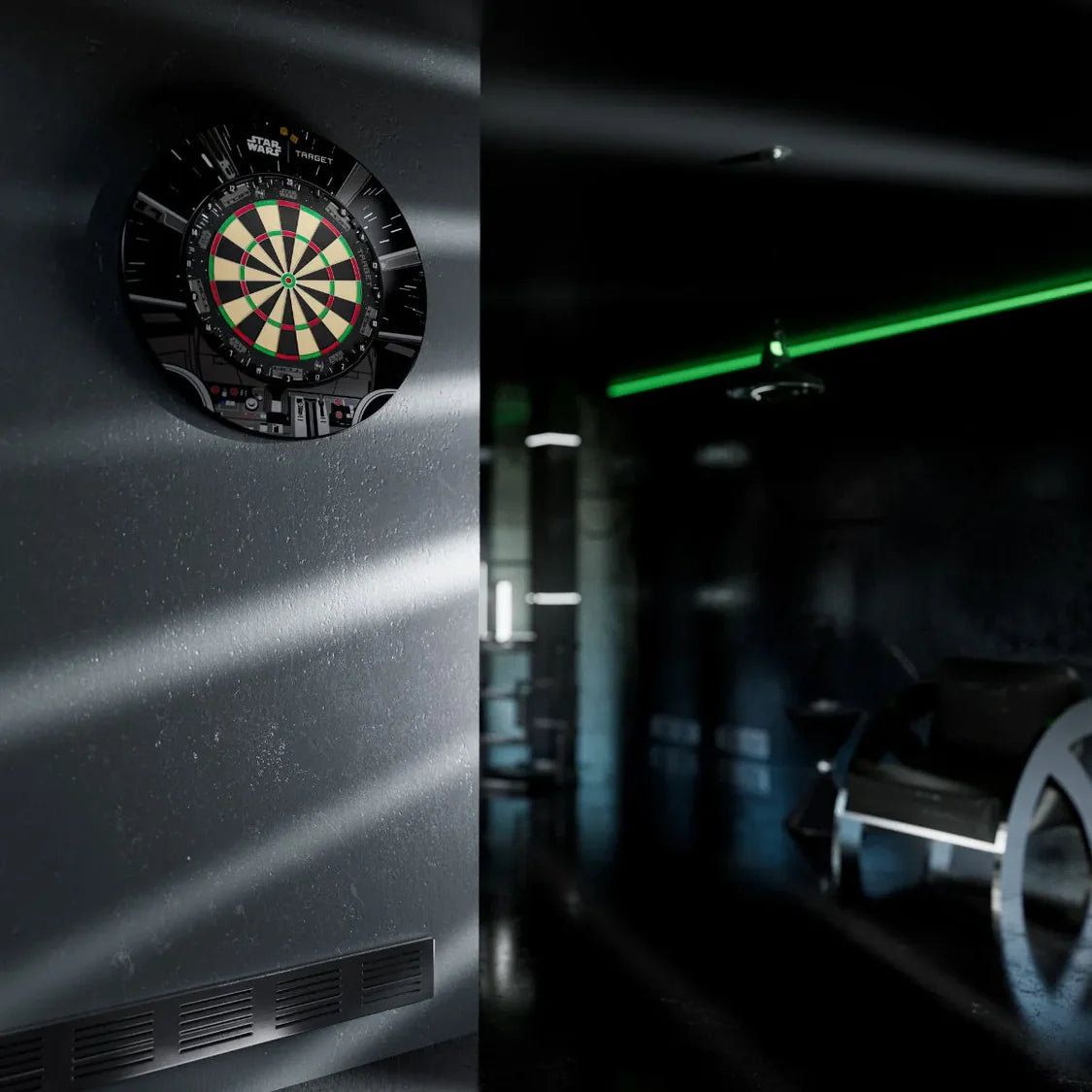 Millennium Falcon dartboard surround and official dartboard mounted on wall in modern game room, angled lifestyle view