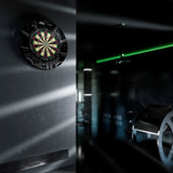 Millennium Falcon dartboard surround and official dartboard mounted on wall in modern game room, angled lifestyle view
