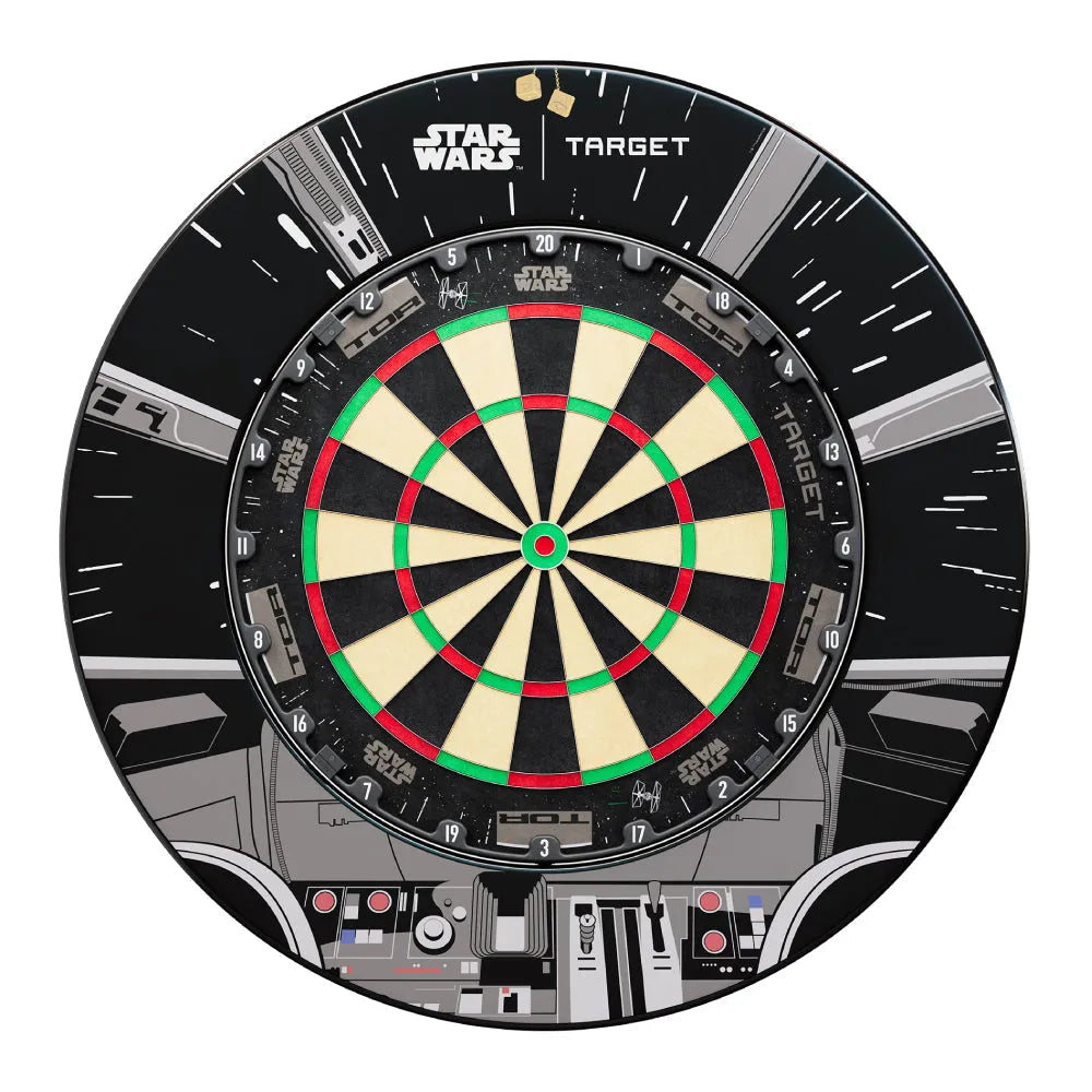 Star Wars Millennium Falcon dartboard bundle with cockpit surround, full product view on white, showing detailed numbered board and themed surround