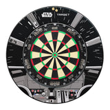 Star Wars Millennium Falcon dartboard bundle with cockpit surround, full product view on white, showing detailed numbered board and themed surround