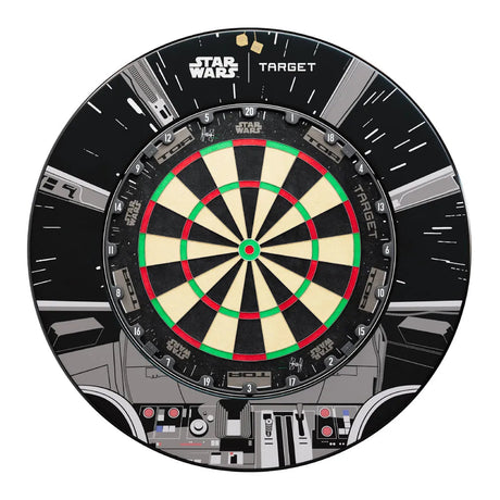 Star Wars Millennium Falcon dartboard bundle with cockpit surround, full product view on white, showing detailed numbered board and themed surround