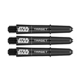 Set of three black Star Wars Pro Grip dart shafts side by side, full product view on white, showing thread and logo details
