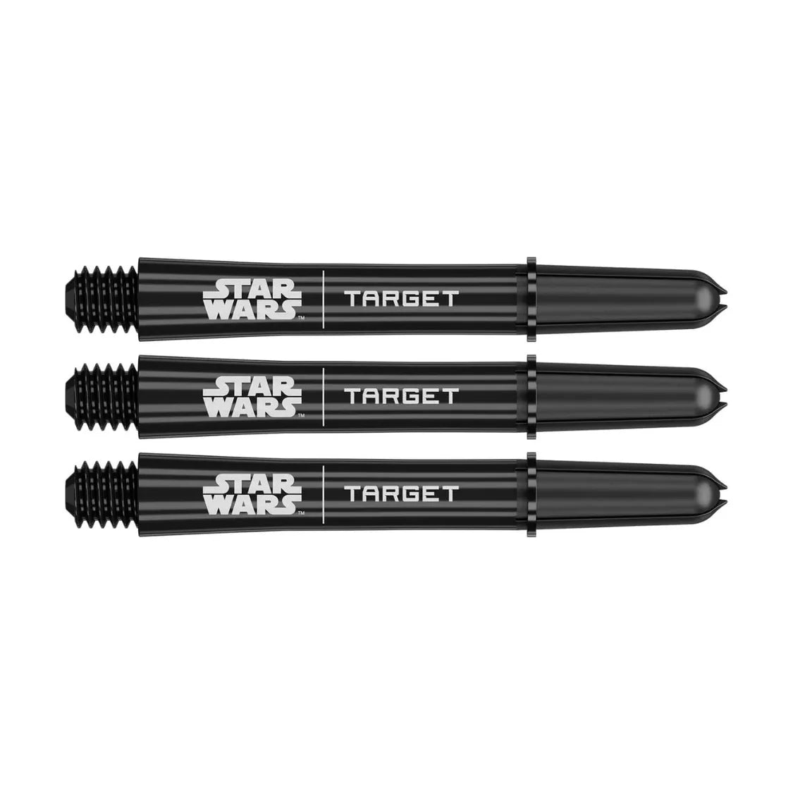 Three black Star Wars Pro Grip dart shafts aligned side by side, full view on white background, showcasing threaded tips and logo details.