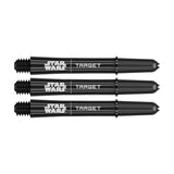 Three black Star Wars Pro Grip dart shafts aligned side by side, full view on white background, showcasing threaded tips and logo details.