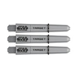 Three grey Star Wars Pro Grip dart shafts arranged side by side on white, showing branding and threaded tips