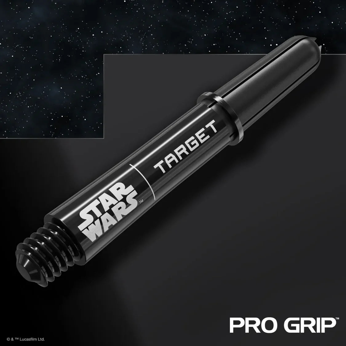 Close-up angled view of Star Wars Target Pro Grip dart shaft showing threaded base and clear branding on dark background