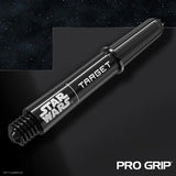 Close-up angled view of Star Wars Target Pro Grip dart shaft showing threaded base and clear branding on dark background