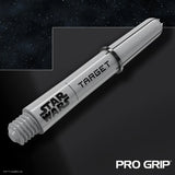 Angled close-up of Star Wars Pro Grip dart shaft with clear logo and grip threading isolated on dark background