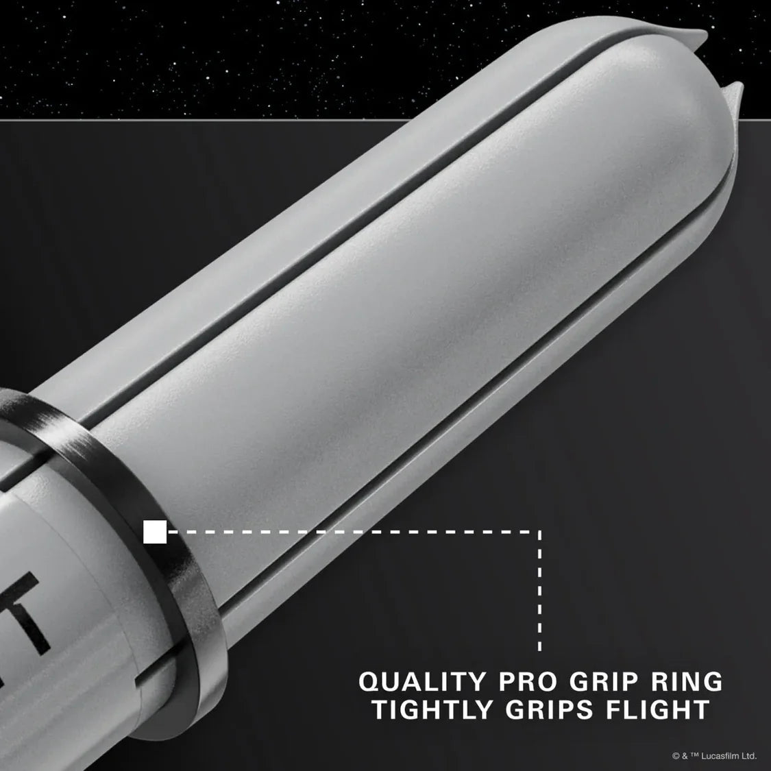 Macro close-up of dart shaft showing pro grip ring and flight slot for secure dart flight attachment