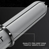 Macro close-up of dart shaft showing pro grip ring and flight slot for secure dart flight attachment