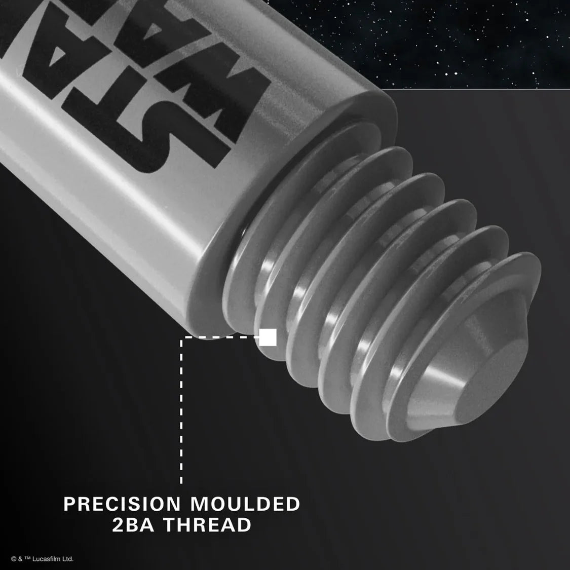 Macro close-up of dart shaft 2BA thread, highlighting precision moulded screw detail for Star Wars Pro Grip dart shafts
