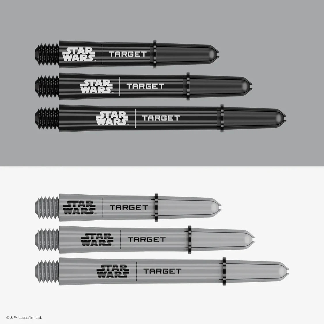 Dart shafts in black and white variants, full view, isolated on split background showing threaded ends and STAR WARS TARGET branding.