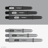 Dart shafts in black and white variants, full view, isolated on split background showing threaded ends and STAR WARS TARGET branding.