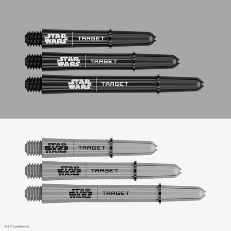 Dart shafts in black and white variants, full view, isolated on split background showing threaded ends and STAR WARS TARGET branding.