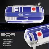R2-D2 themed darts case full view with close-up angle, isolated on black, showing zipper, Star Wars detail, and case size dimensions