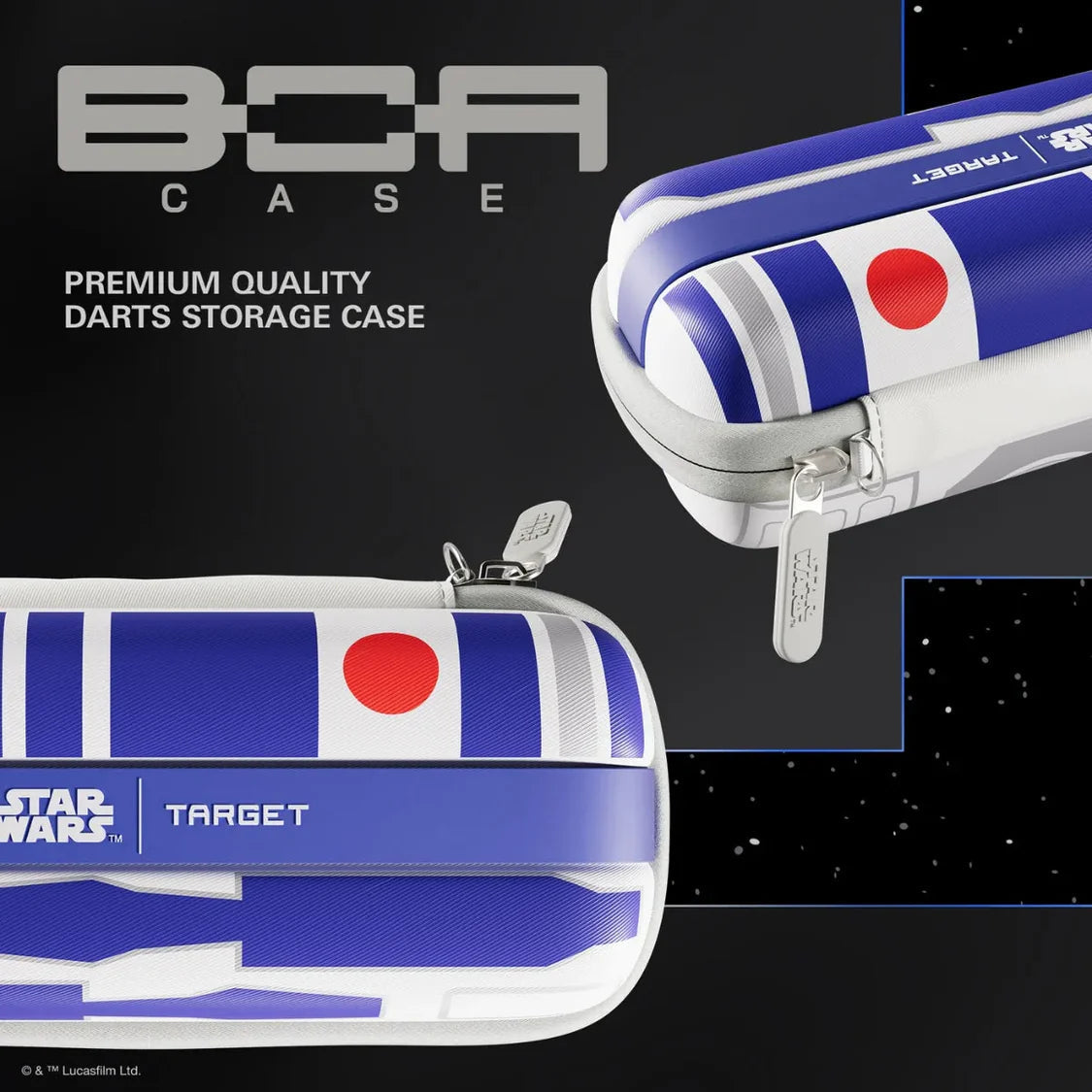 Angled close-up of R2-D2 themed darts storage case showing zipper pulls, bold blue and white design, and molded hard shell exterior