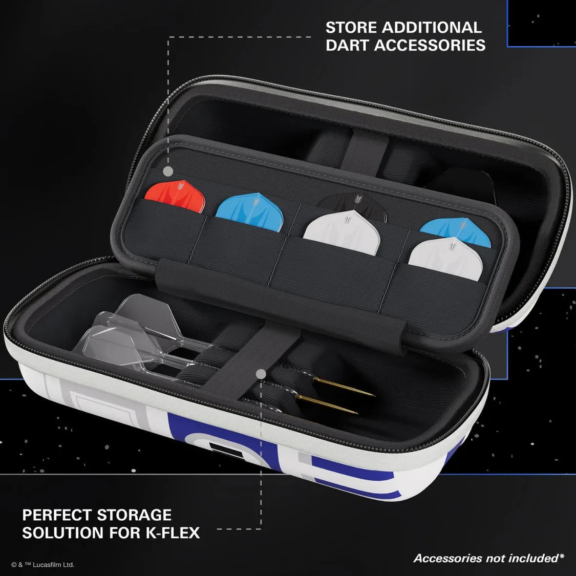 Angled view of R2-D2 dart case open, displaying organized flight storage and slots holding three assembled darts with flights
