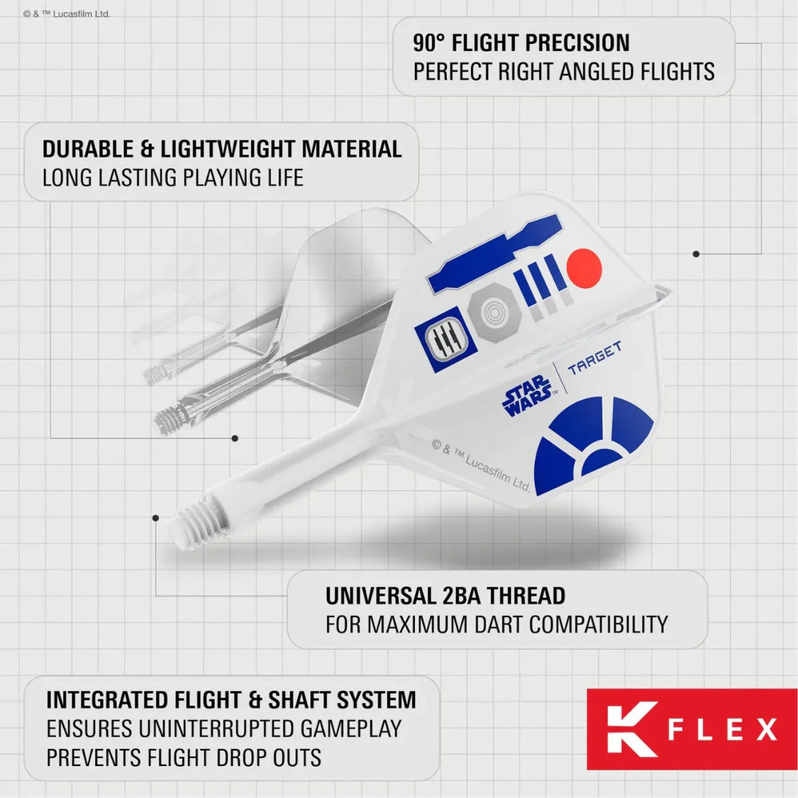 Angled view of R2-D2 themed K-Flex dart flights and shafts, highlighting 90-degree precision, 2BA thread, integrated system, durable material