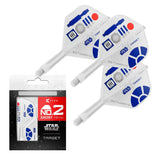 R2-D2 No.2 K-Flex integrated dart flights with shafts, Star Wars design, shown arranged and packaged, ideal for dart setup