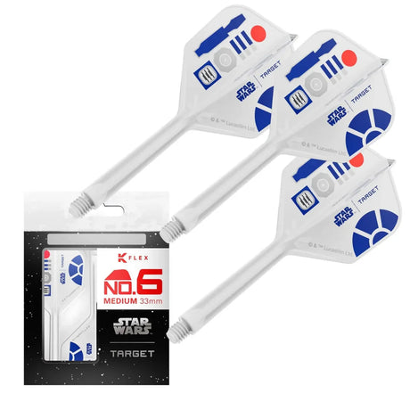 R2-D2 No.6 K-Flex dart flights with shafts in Star Wars design, shown in retail packaging and grouped display, medium 33mm size